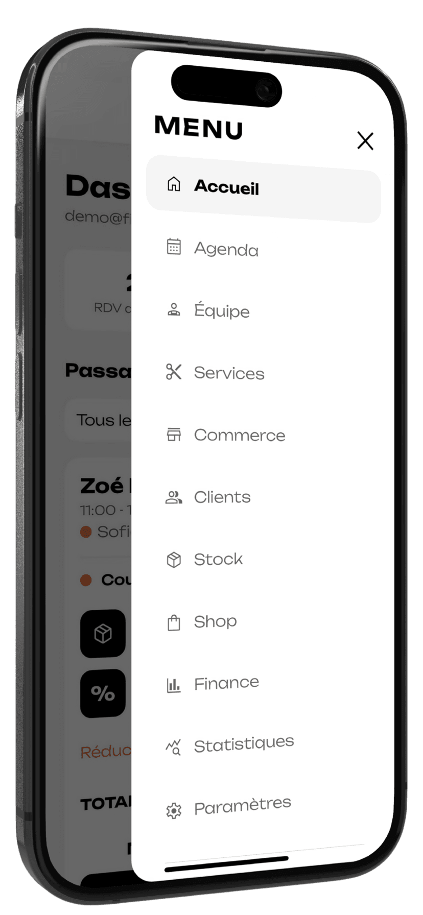 Menu des outils de l’application de gestion Figa Pro