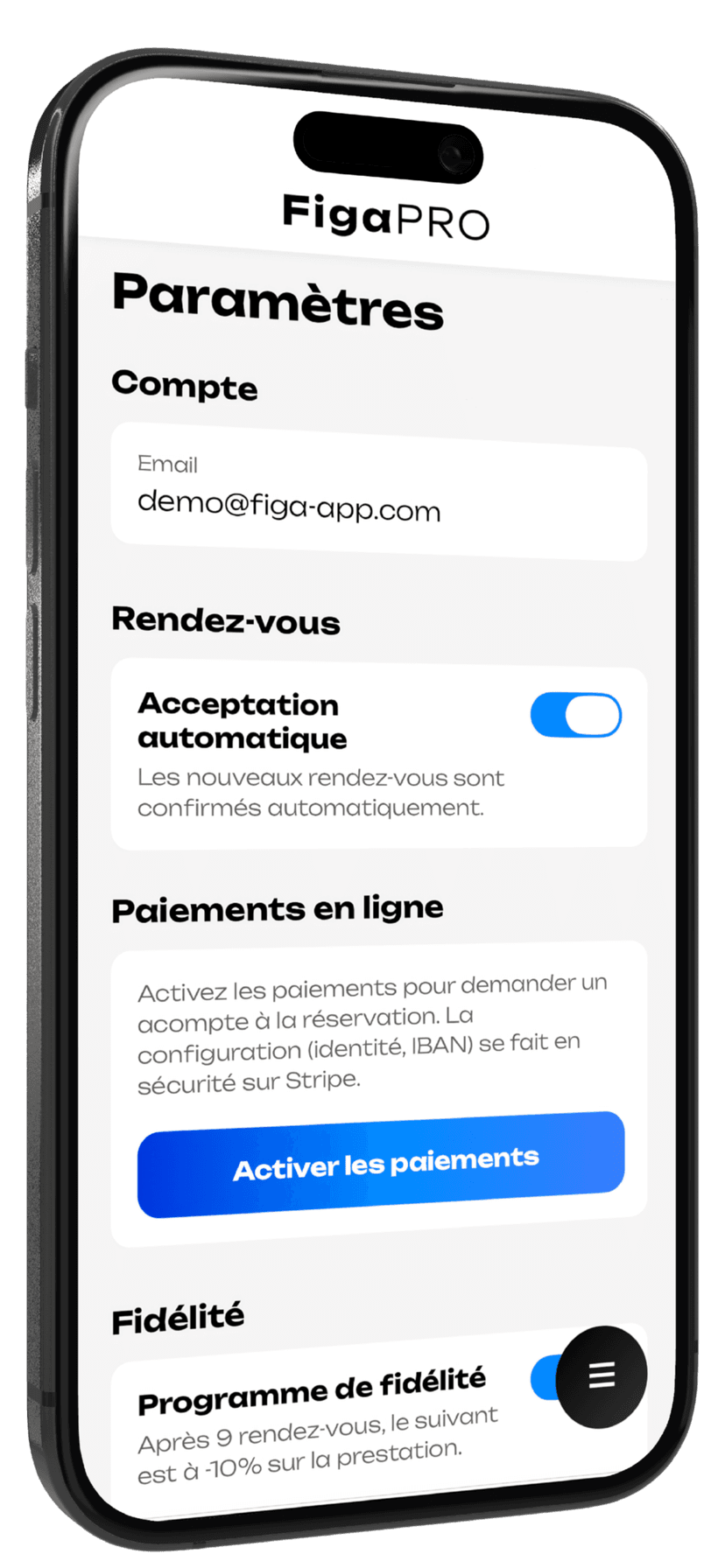 Paramètres du salon dans l’application Figa Pro