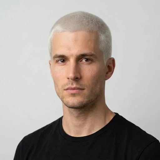 Homme avec la coupe Buzz cut blond polaire : rasé uniforme, décoloré blond platine