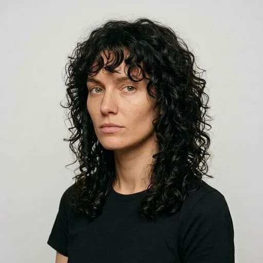 Femme avec la coupe Curly shag : shag sur cheveux bouclés, avec frange
