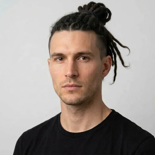 Homme avec la coupe Dreads top knot + undercut : locks longues nouées haut, côtés rasés