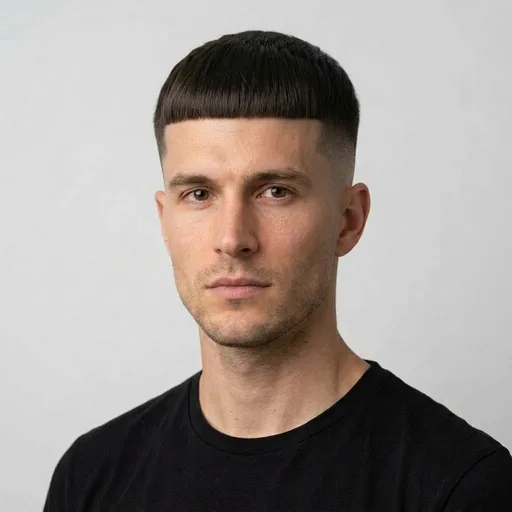 Homme avec la coupe Edgar cut : frange droite très courte, dégradé haut net