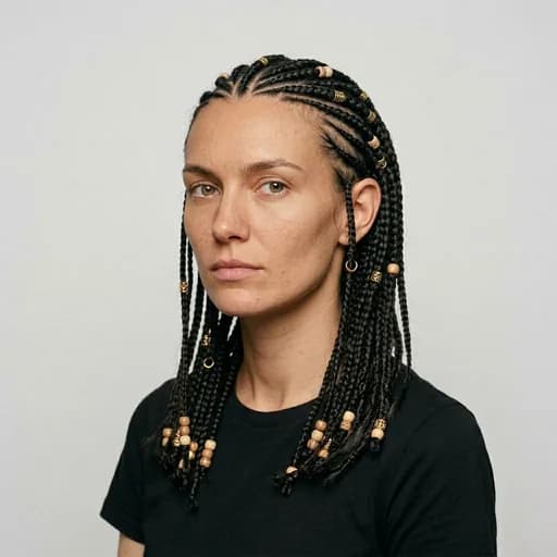 Femme avec la coupe Fulani braids : tresses fulani avec perles et raie centrale