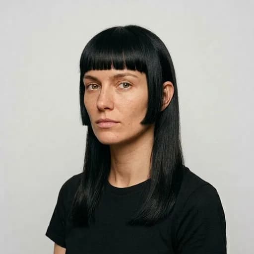 Femme avec la coupe Hime cut moderne : frange droite et mèches latérales courtes