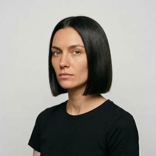 Femme avec la coupe Japanese bob : carré court à la mâchoire, sans frange