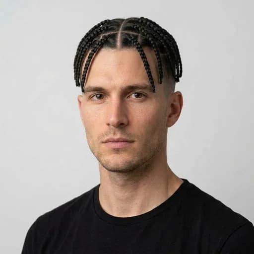 Homme avec la coupe Short box braids + taper : tresses courtes carrées, côtés dégradés