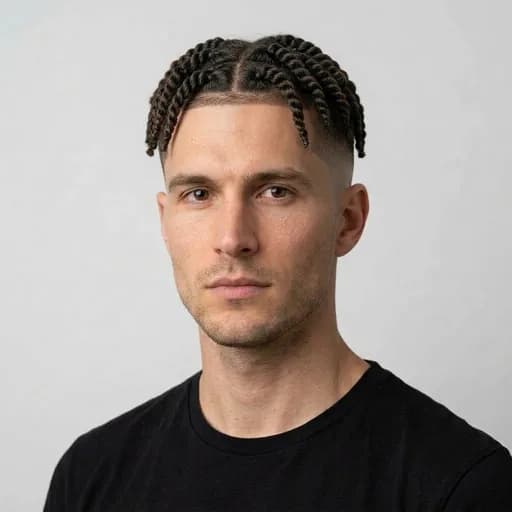 Homme avec la coupe Twists + high fade : vanilles courtes sur le dessus, dégradé haut